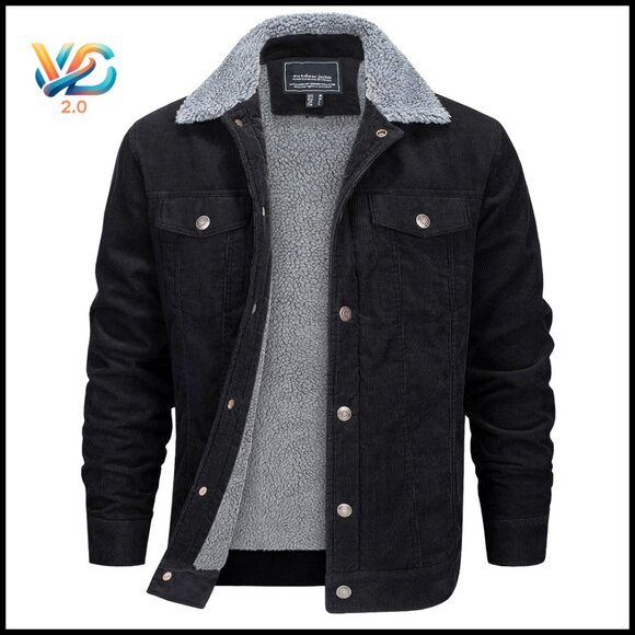 Men's Corduroy Sherpa Lined Jacket Thermal Fleece Snap Button Front 5 Pockets